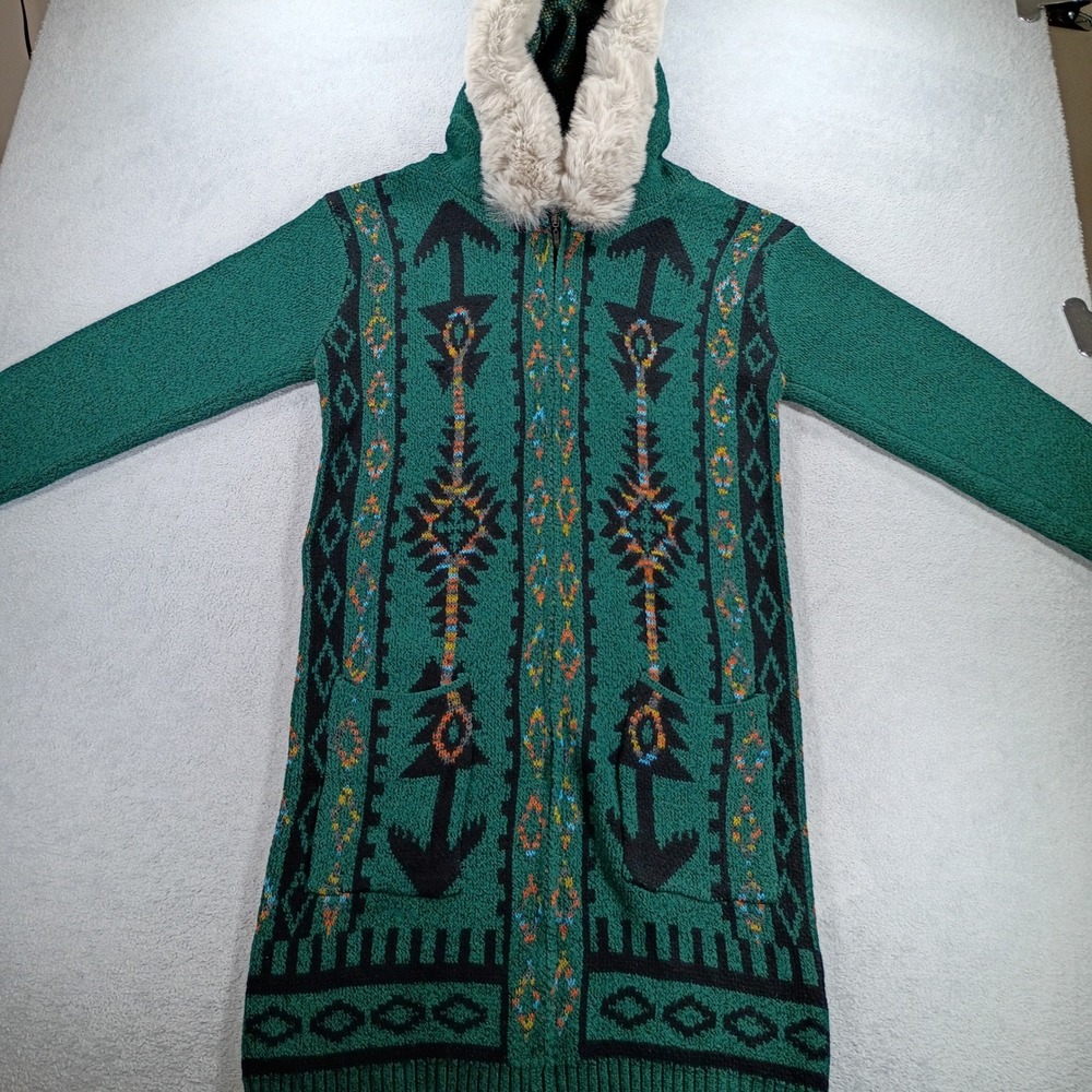 Wear to Love Womens Longline Cardigan Green XL Southwestern Faux Fur Hood